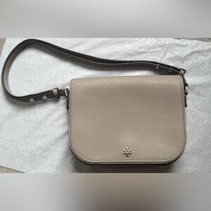 Tory Burch Emerson Saffiano Leather Crossbody Bag Taupe Gray Heron